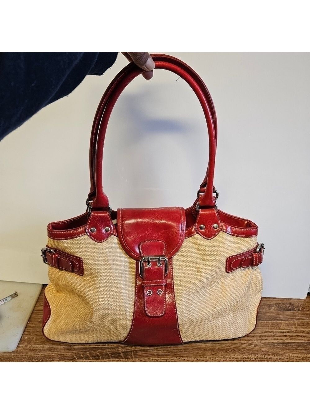 Apple Red on Cream Canvas Satchel Bag